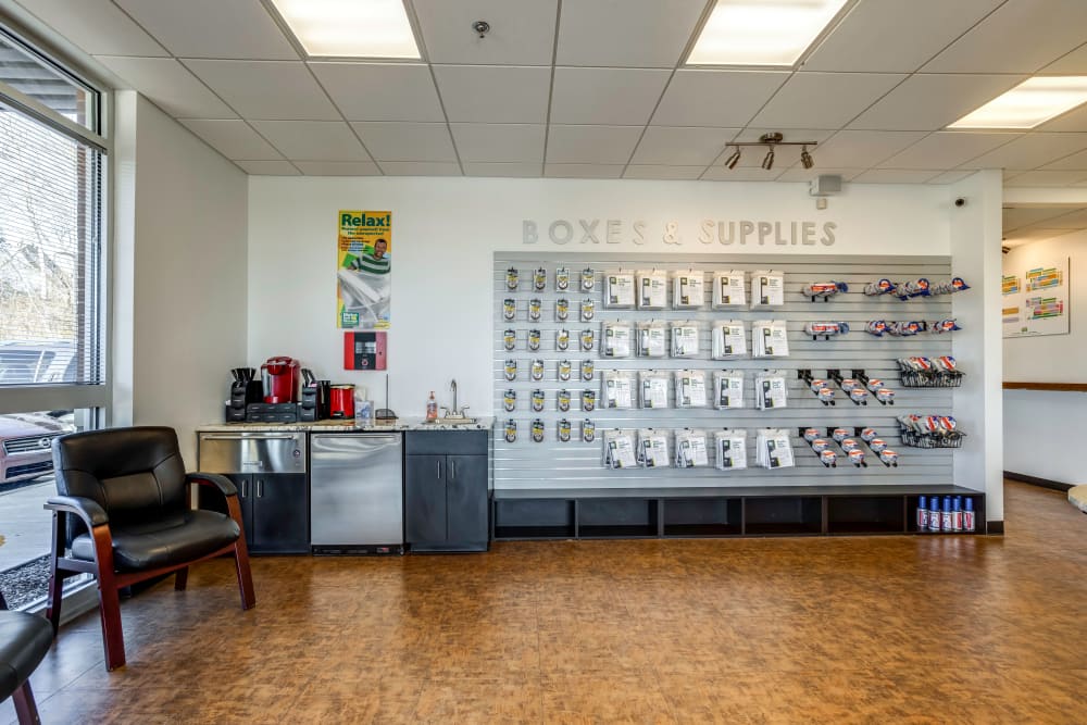Leasing office offering storage supplies such as boxes and tape at Metro Self Storage in Franklin