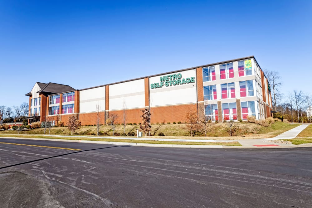 Sign and exterior view of office at Metro Self Storage in Franklin