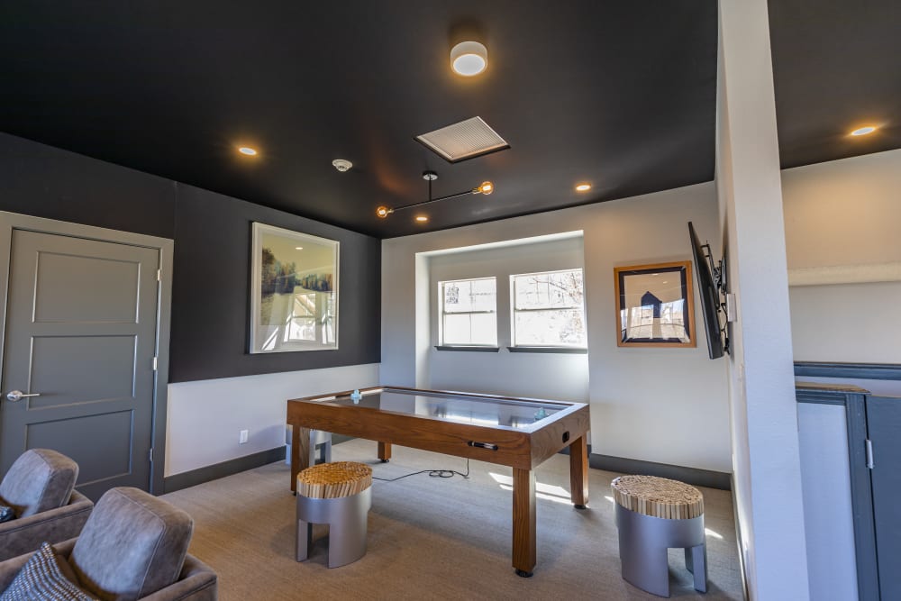 An air hockey table in the club house at Altitude Westminster in Westminster, Colorado