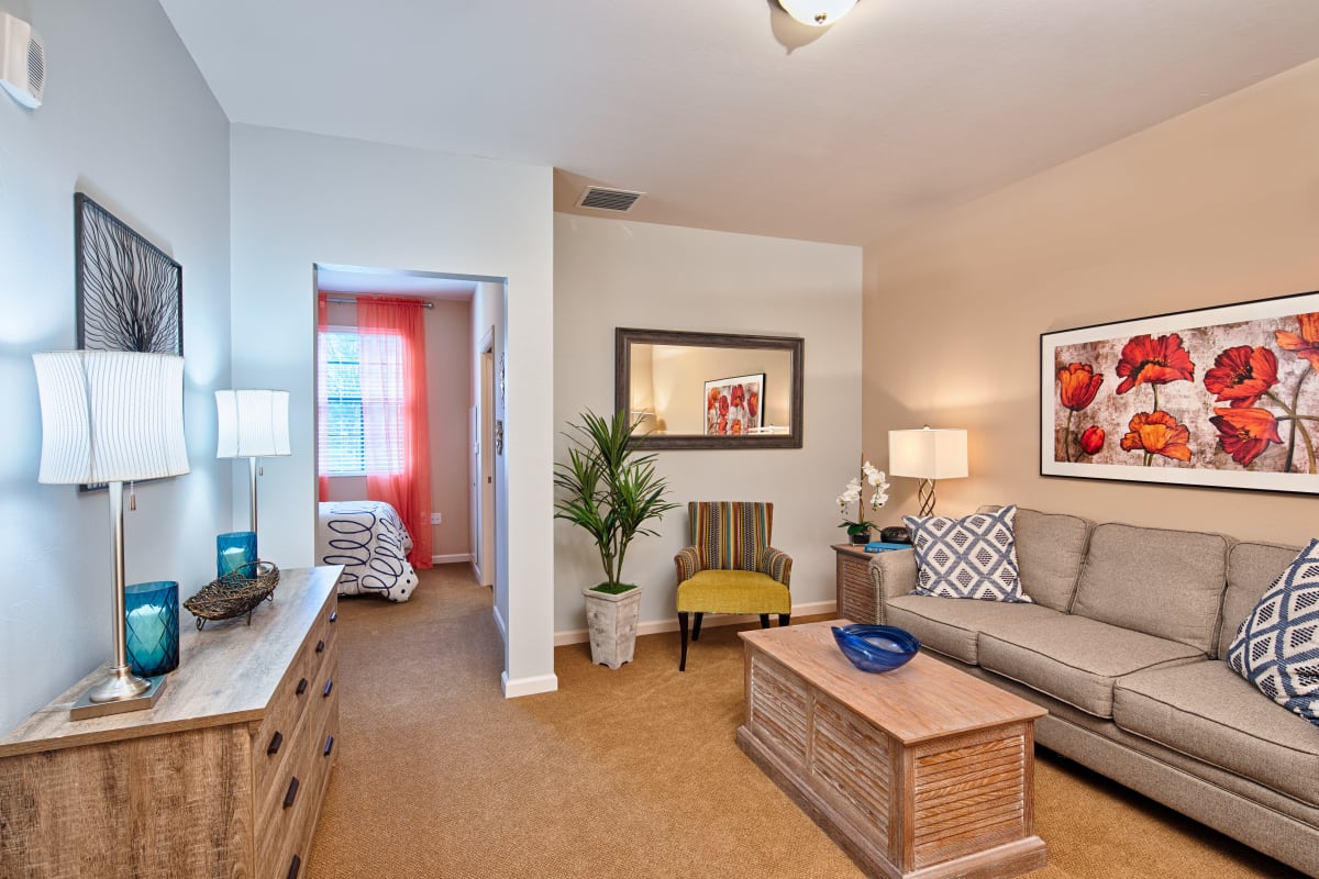 A spacious resident living room at Cypress Point in Fort Myers, Florida.
