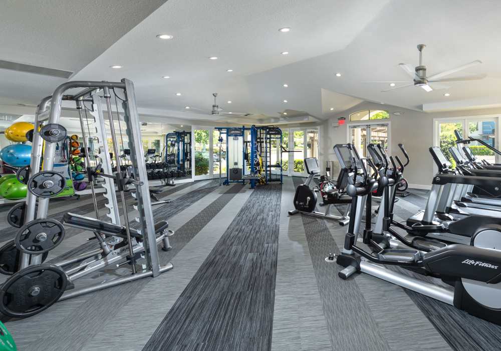 Well-equipped fitness center at Park Hacienda Apartments in Pleasanton, California