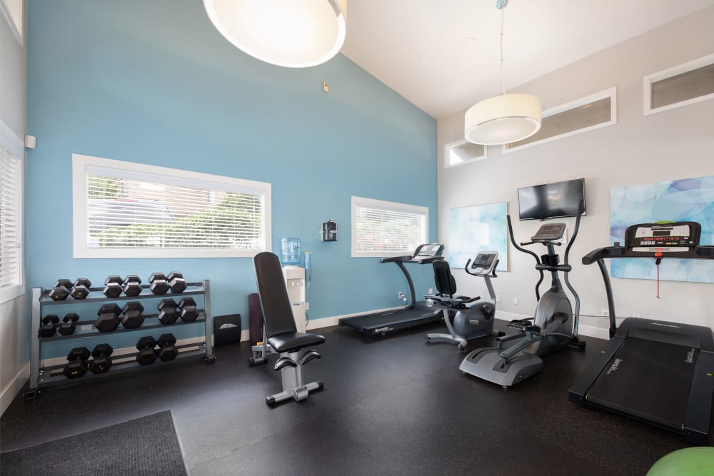 Fitness center with cardio machines and free weights at Latitude Apartments in Everett, Washington