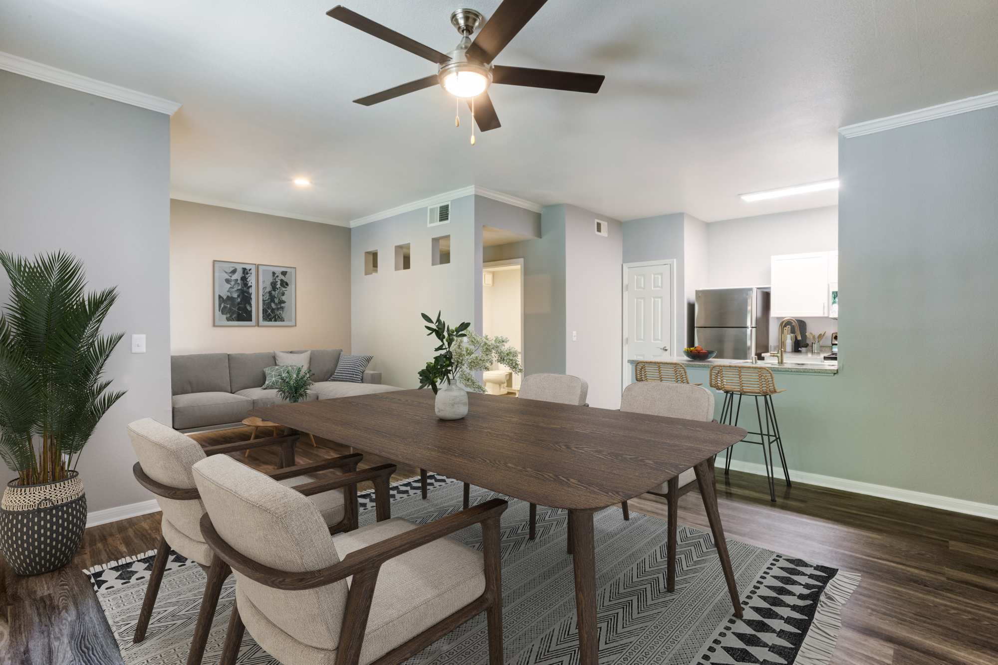 Dining area with access to kitchen and living at Miramonte and Trovas in Sacramento, California