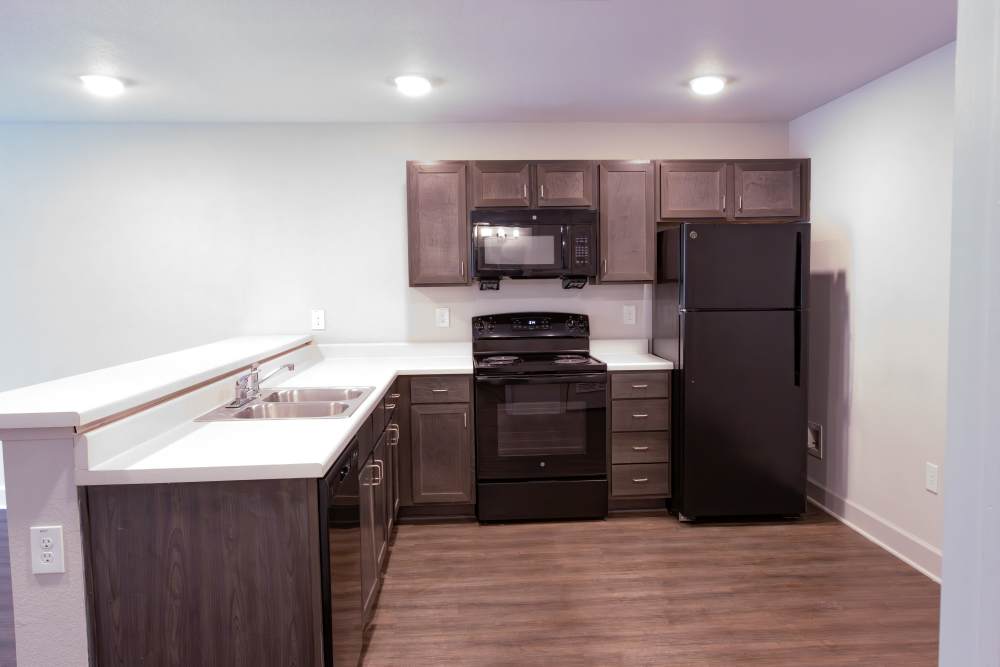 Modern kitchen with black appliance and storage spaces at Villas At Mount Zion in Stockbridge, Georgia