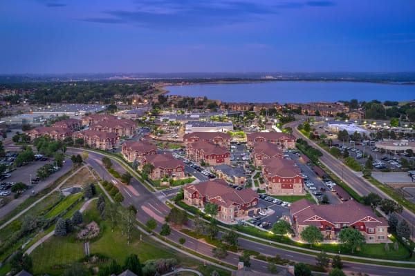 Sunset Aerial photo of the property and surrounding area at M2 Apartments in Denver