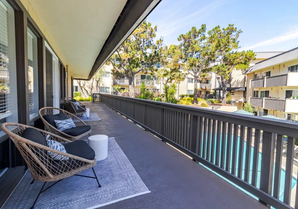 Balcony by the pool at The Ralston at Belmont Hills in Belmont, California