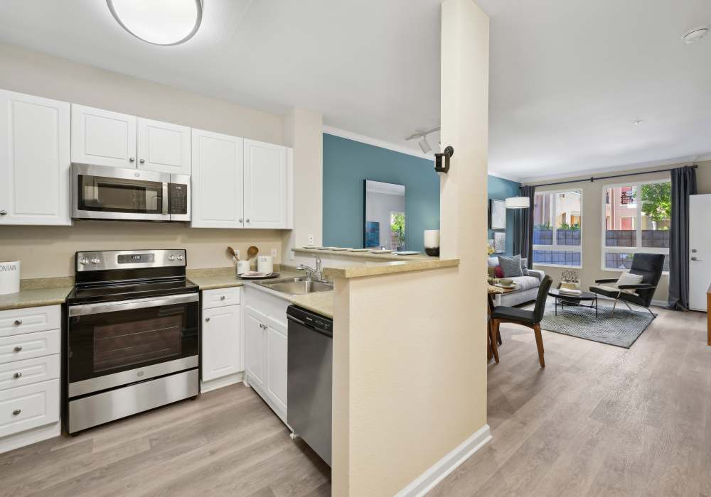 Upgraded kitchen with stainless-steel appliances at Villa Del Sol in Sunnyvale, California