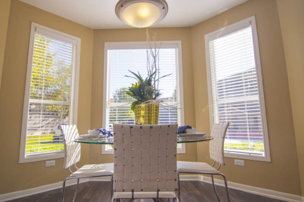 Model dining room with natural light from large windows at Metro 5514 in Houston, Texas