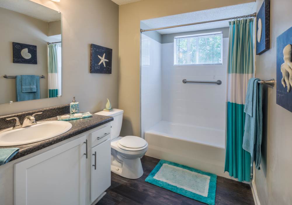 Model unit bathroom with large vanity and mirror and turquoise blue accessories at Heron on the Bluffs in Savannah, Georgia