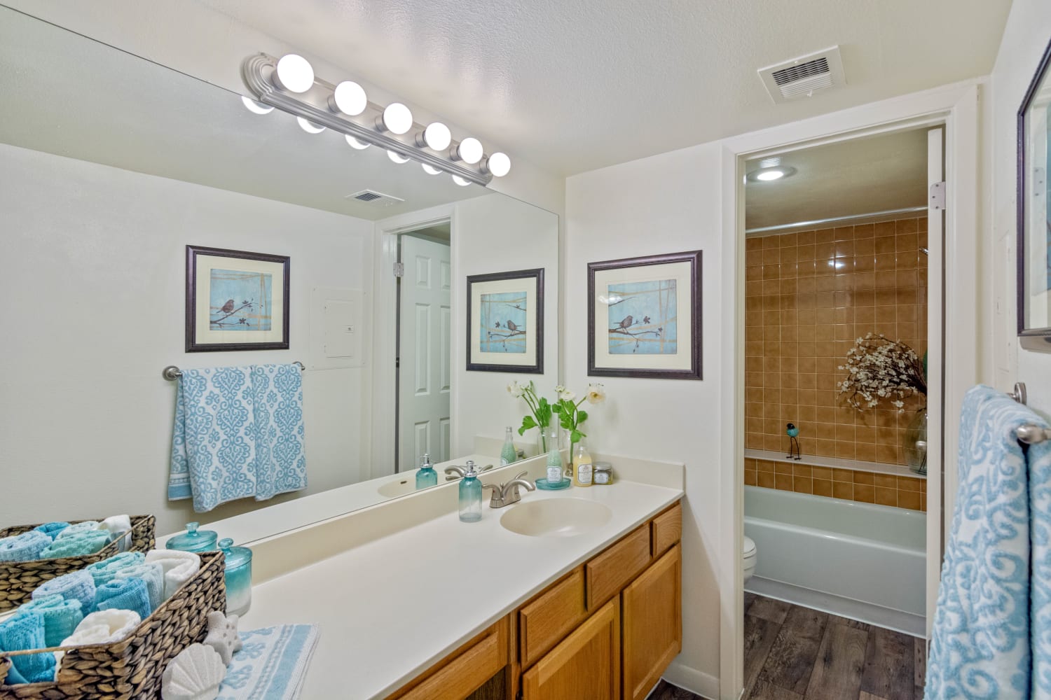 Bathroom with large vanity mirror at Waterford Place Apartments in Mesa, Arizona