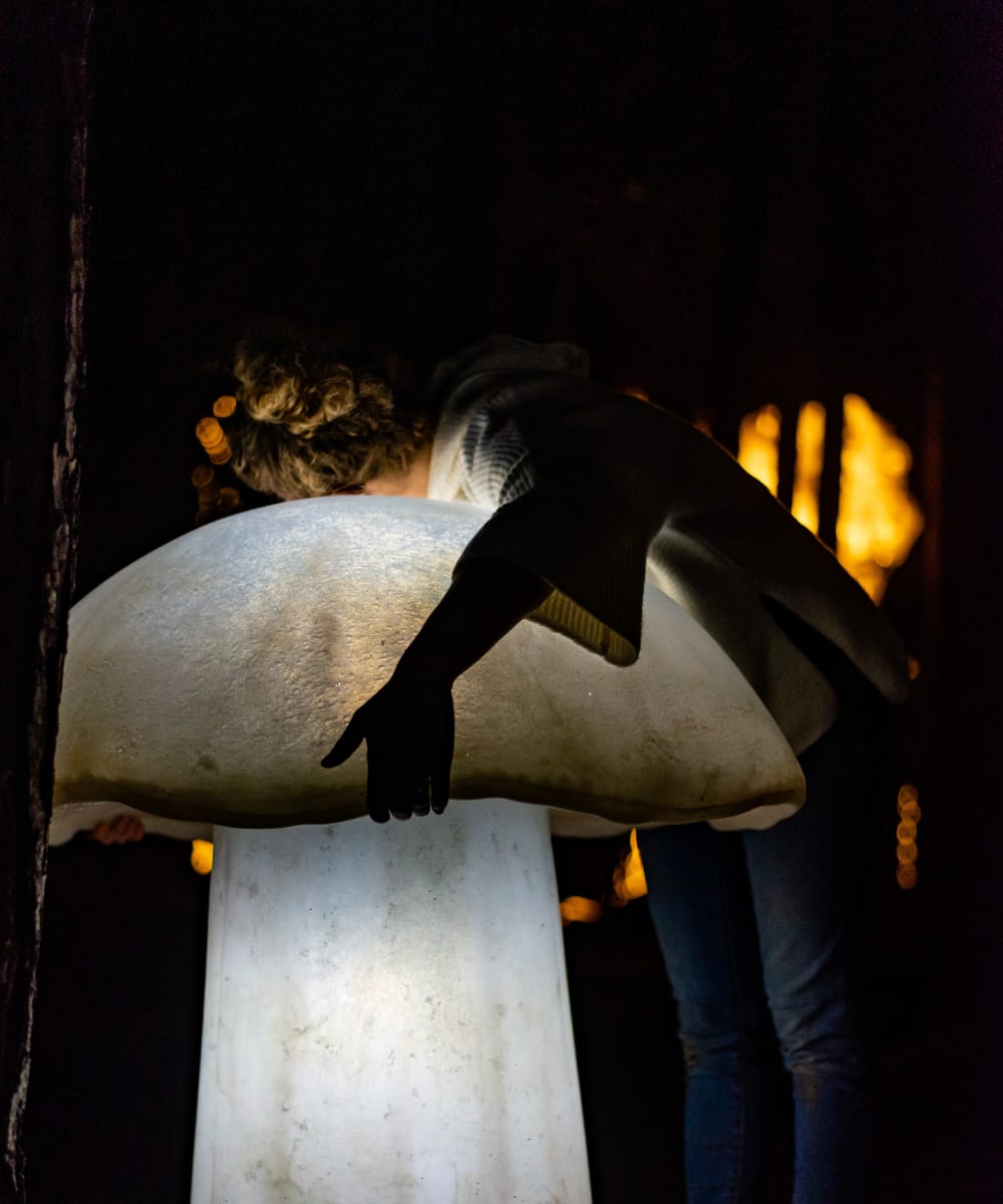 Artist embracing a giant illuminated toadstool at Queens Wedgewood-Houston in Nashville, Tennessee