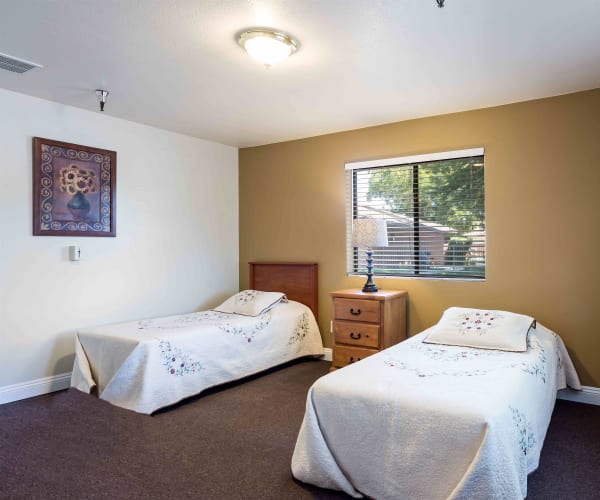 Model bedroom at Valley Crest Memory Care in Apple Valley, California