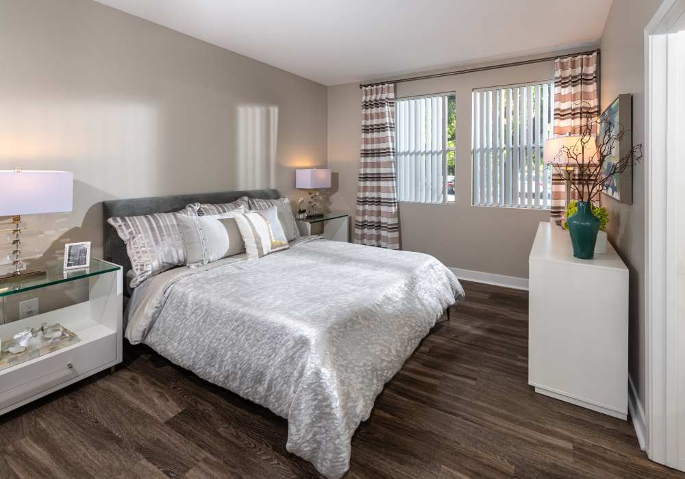 Cozy bedroom at Park Hacienda Apartments in Pleasanton, California