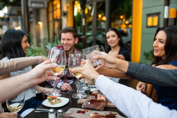 Resident friends raising a toast at a restaurant near District Lofts in Gilbert, Arizona