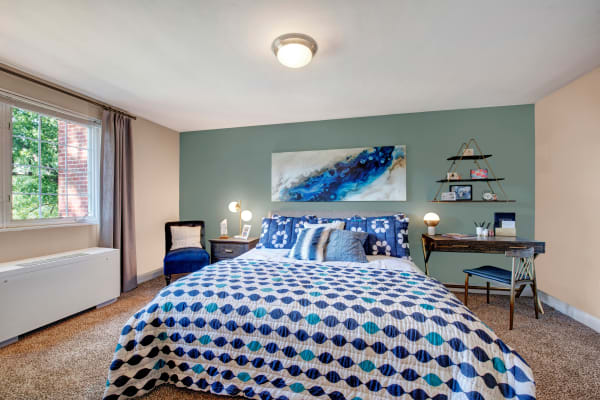 A model bedroom in an apartment at Braddock Lee Apartments in Alexandria, Virginia