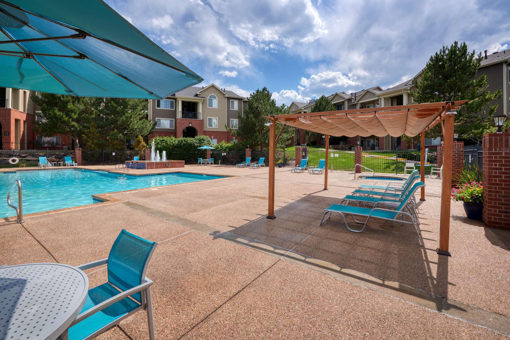 Pool area at Skyecrest Apartments in Lakewood, Colorado