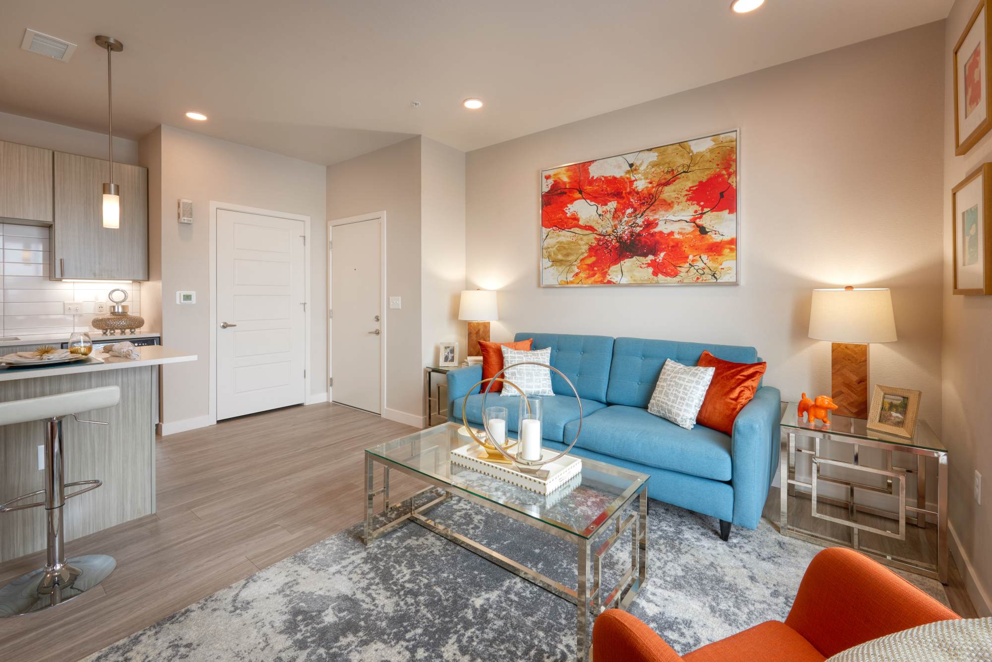 living room with carpeted flooring at Strata Apartments in Denver, Colorado 