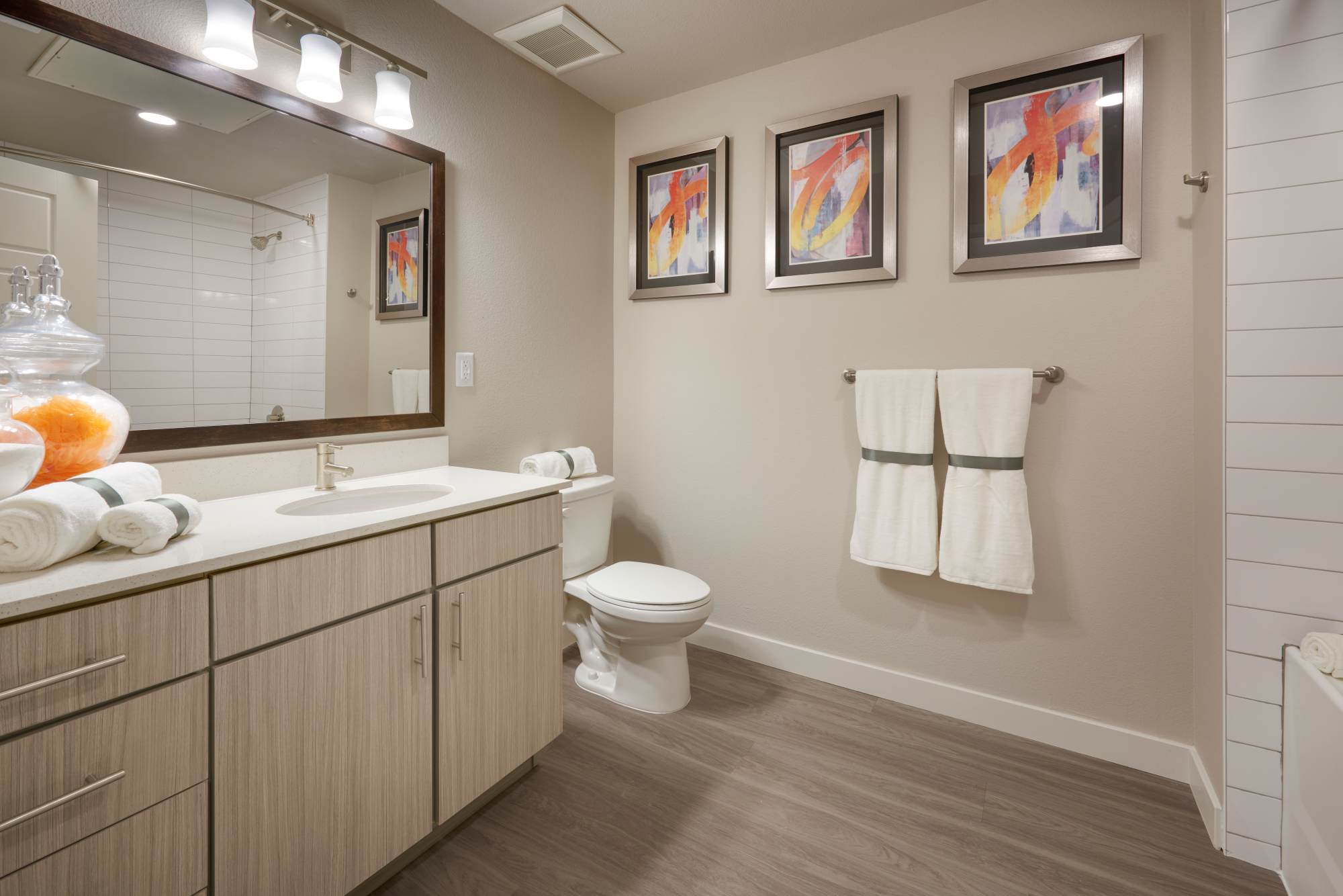 Bathroom with bathtub at Strata Apartments in Denver, Colorado