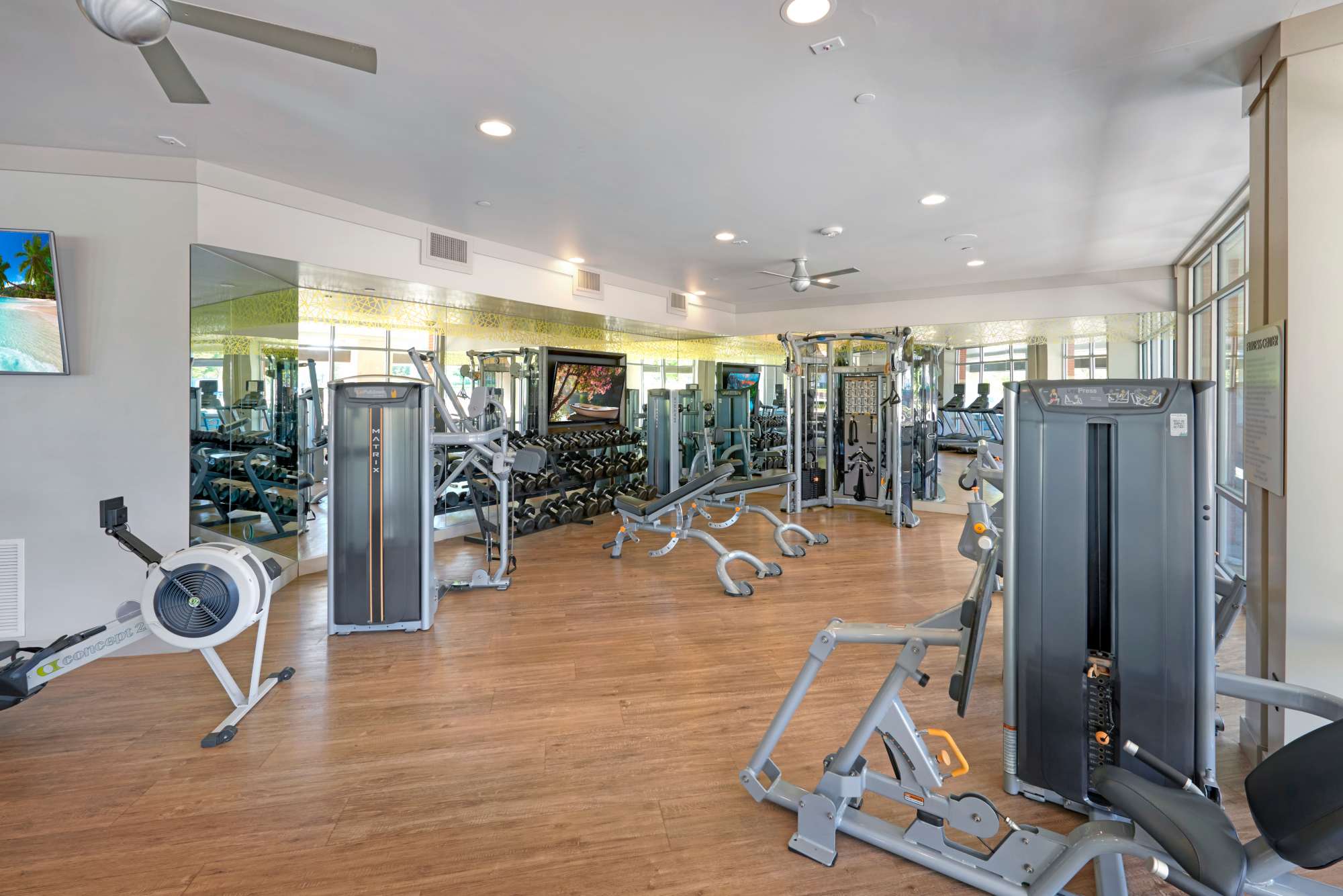 Fitness center with cardio and weight equipment at Helios in Englewood, Colorado