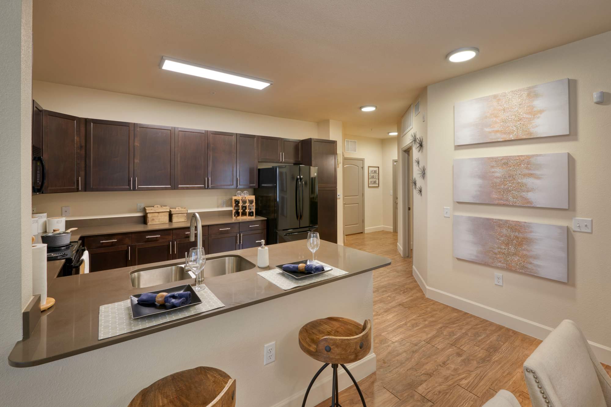 Kitchen with granite countertop at M2 Apartments in Denver, Colorado