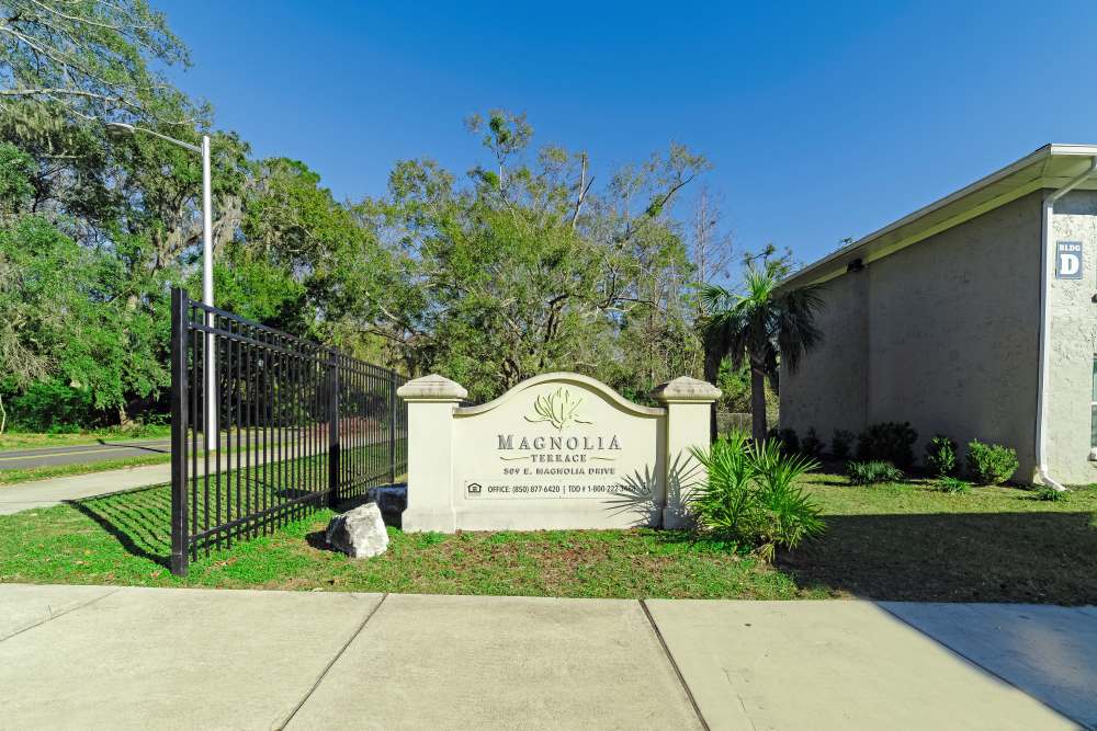 Signage of apartments at Magnolia Terrace in Tallahassee, Florida