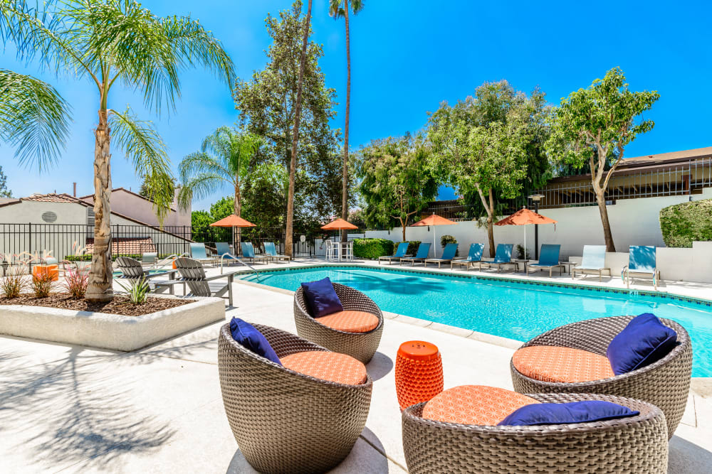 Resort-style swimming pool at Sonora at Alta Loma in Alta Loma, California