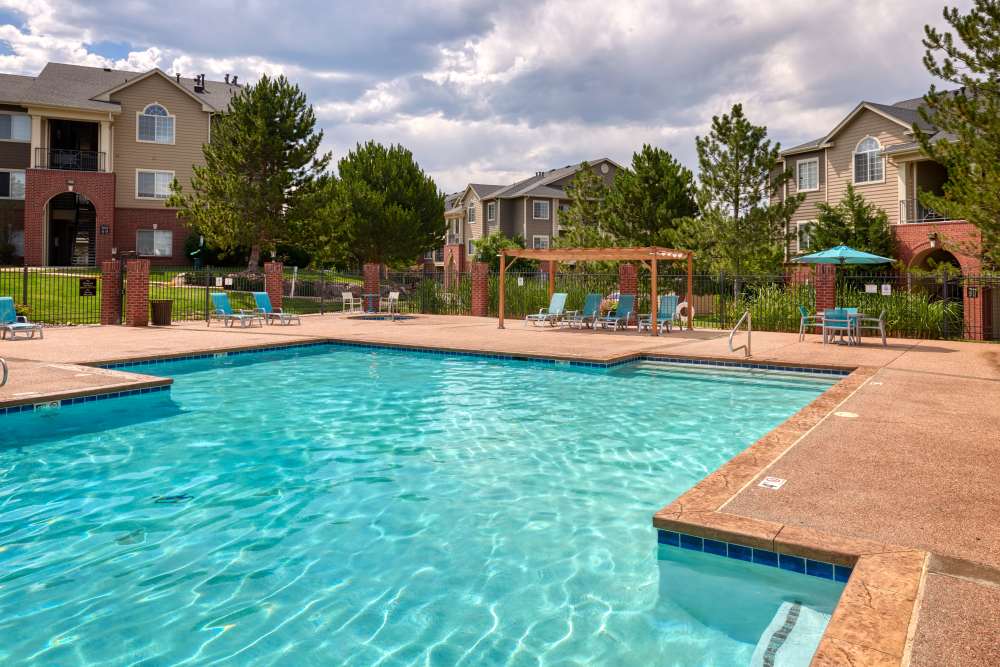 Large swimming pool at Skyecrest Apartments in Lakewood, Colorado