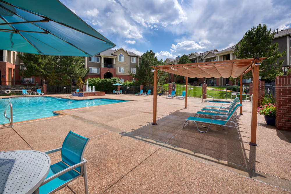 Resort style pool area at Skyecrest Apartments in Lakewood, Colorado