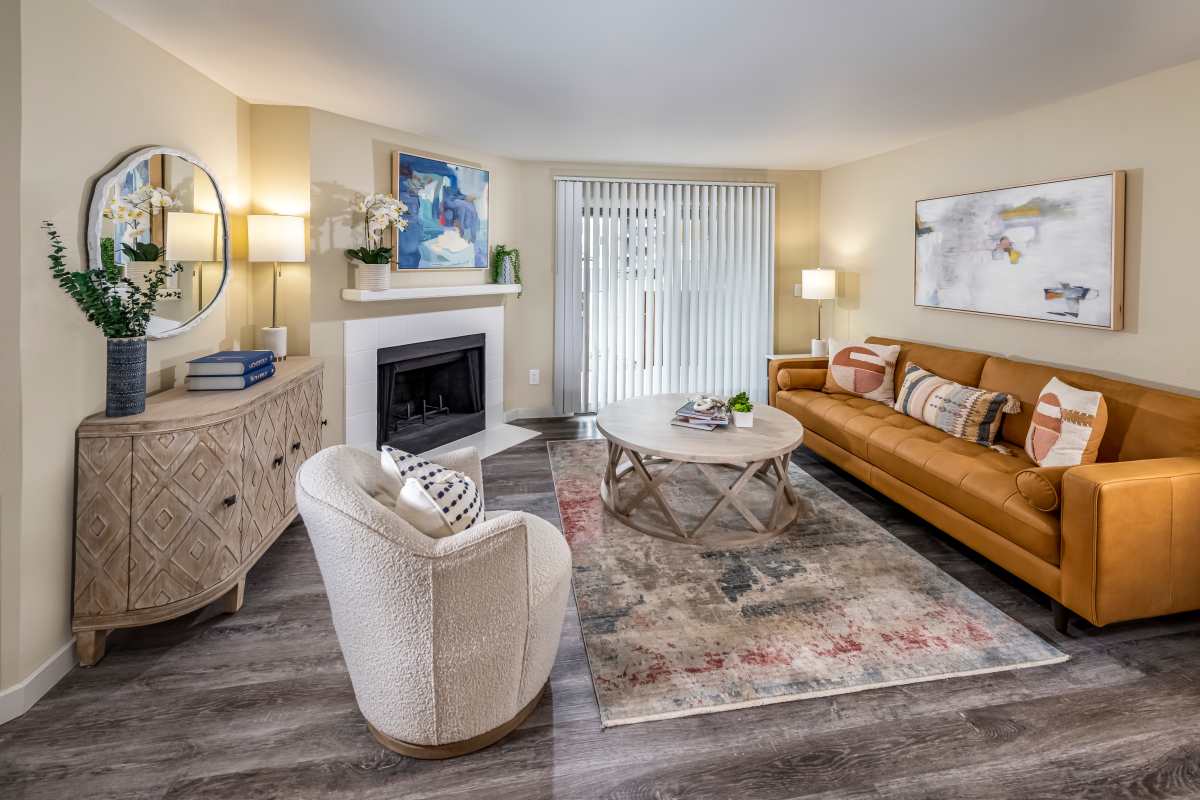 Spacious living room at Redmond Place Apartments in Redmond, Washington