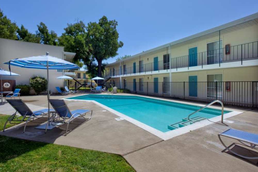 Swimming pool with lounge chairs at Howe in Sacramento, California