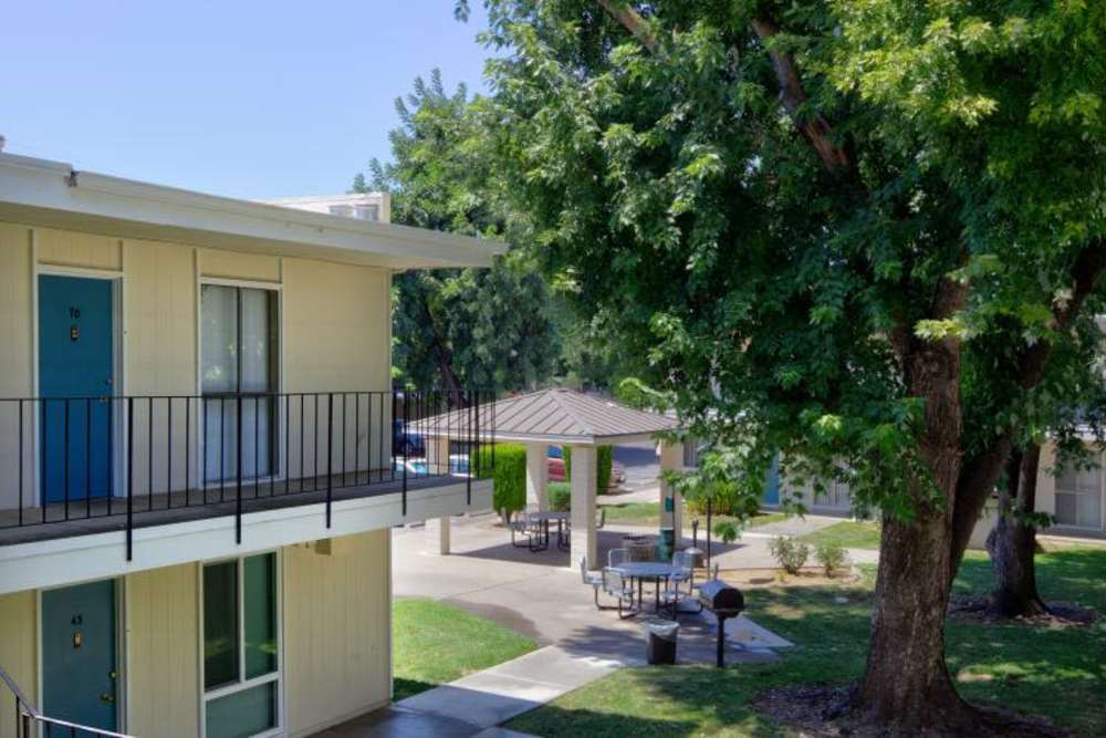 Exterior view of the community with greenery at Howe in Sacramento, California