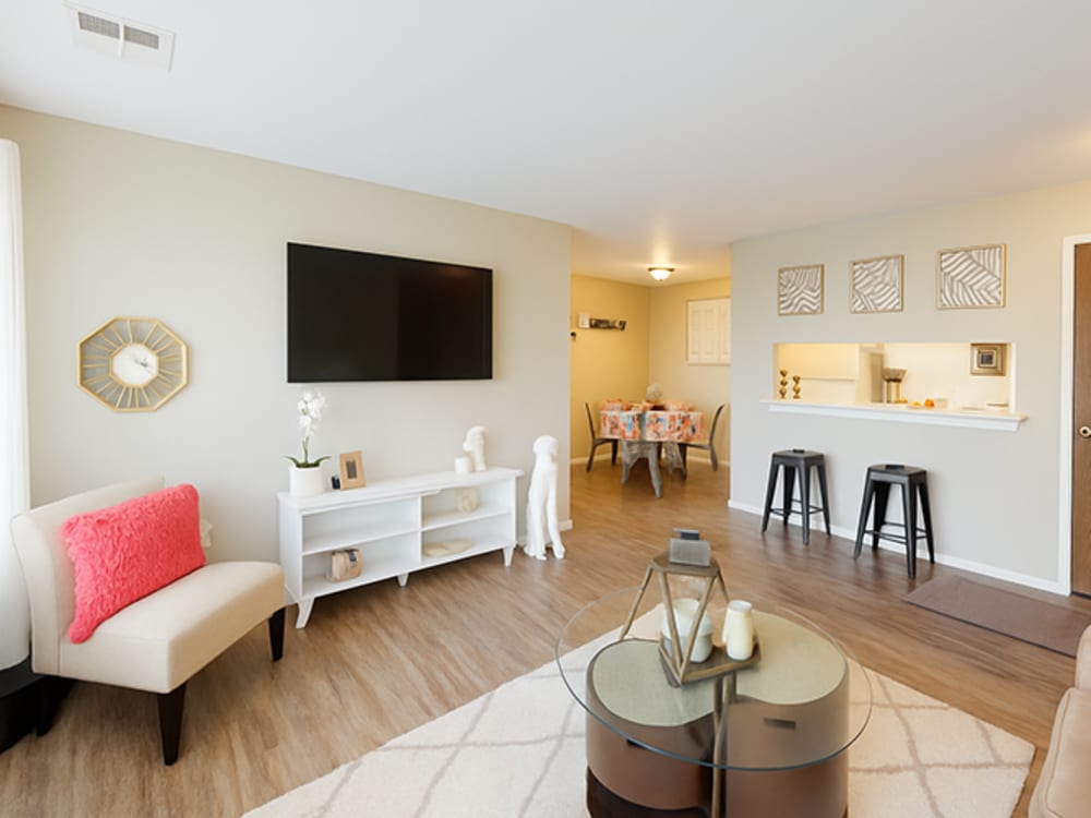 A spacious well furnished living room at Central Park Place in Grand Rapids, Michigan