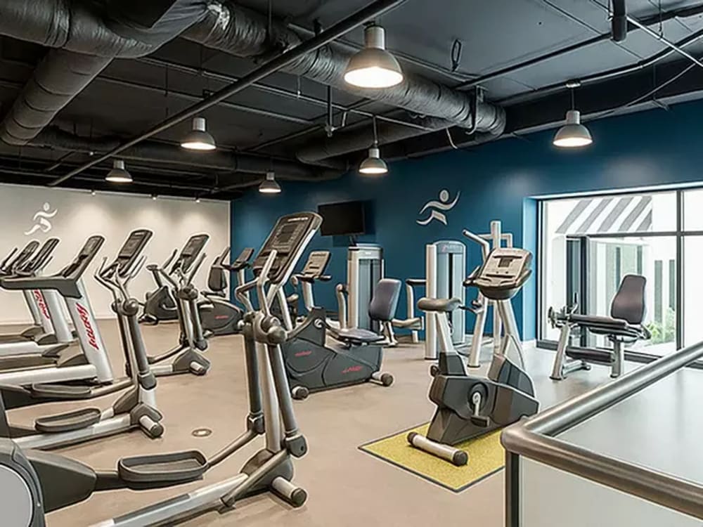Fully-equipped fitness center at Riverfront Towers in Detroit, Michigan