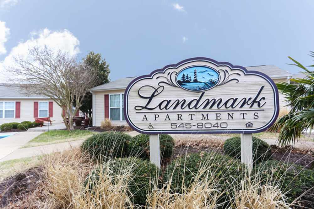 Apartment signage board at Landmark Apartments in Chesapeake, Virginia