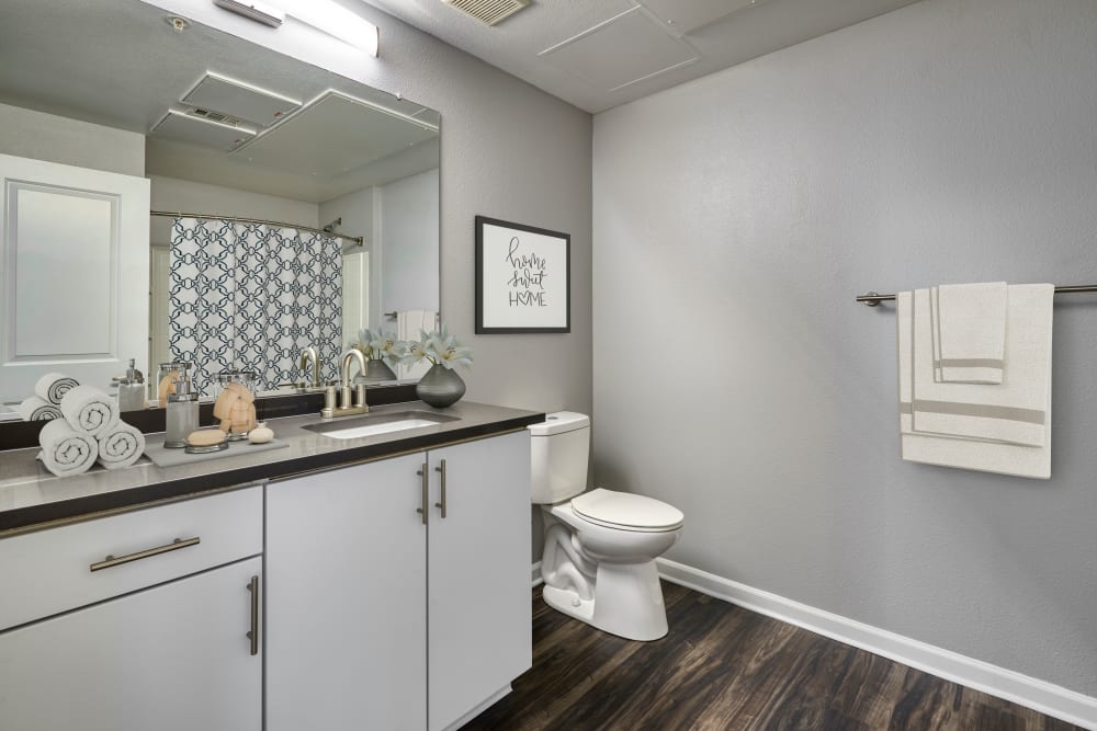 Decorated master bathroom with hardwood-style flooring at The Rail at Inverness in Englewood, Colorado
