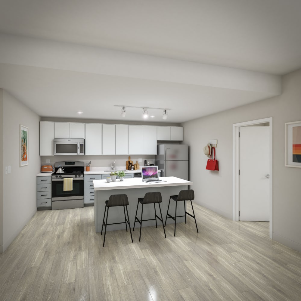 Fully equipped kitchen with stainless steel appliances at UNCOMMON Raleigh in Raleigh, North Carolina
