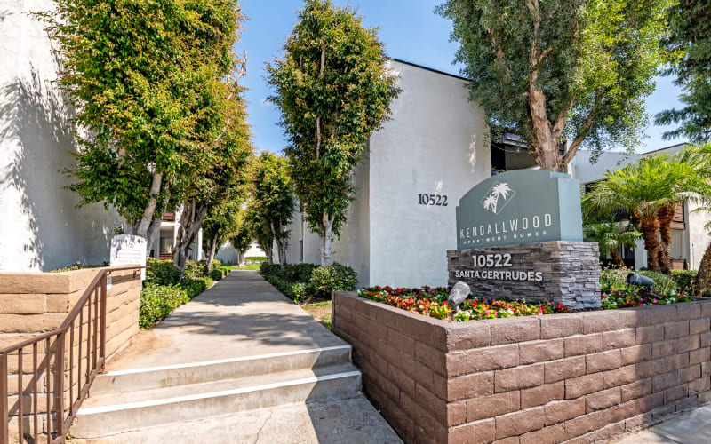 Monument sign at Kendallwood Apartments in Whittier, California