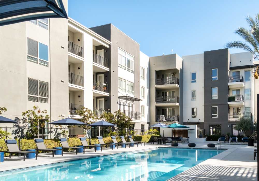 Swimming pool area at Sofi Warner Center in Woodland Hills, California