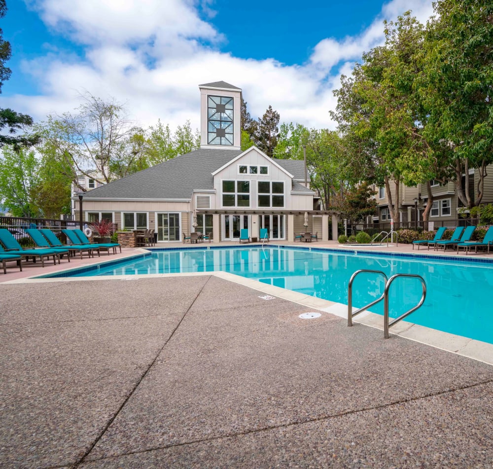 Resort-style swimming pool with shaded seating nearby at Sofi Sunnyvale in Sunnyvale, California