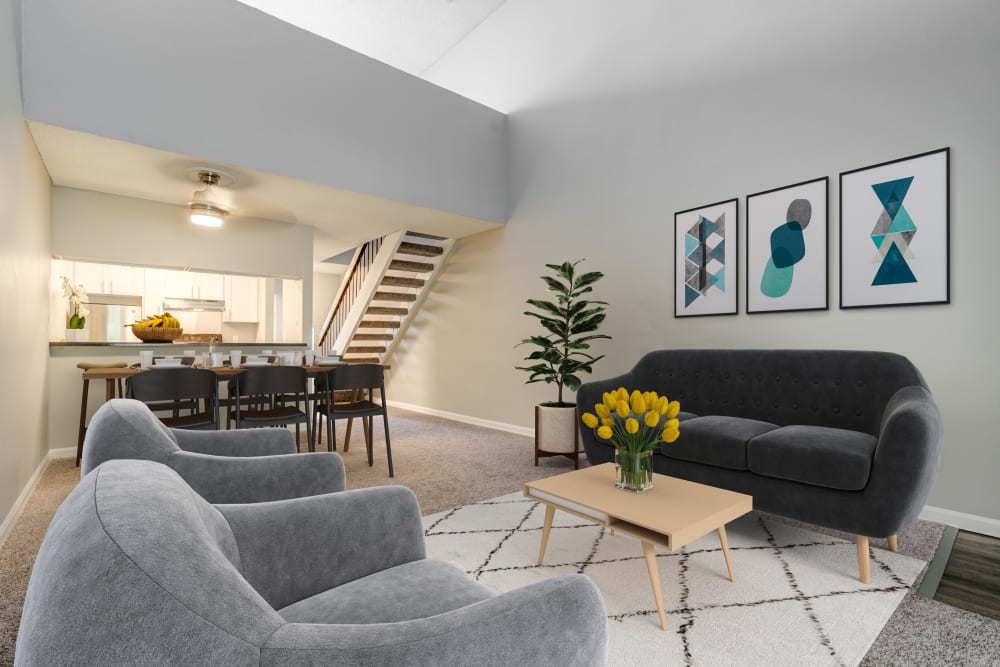 A stylishly decorated living room at The Timbers Apartments in Hayward, California