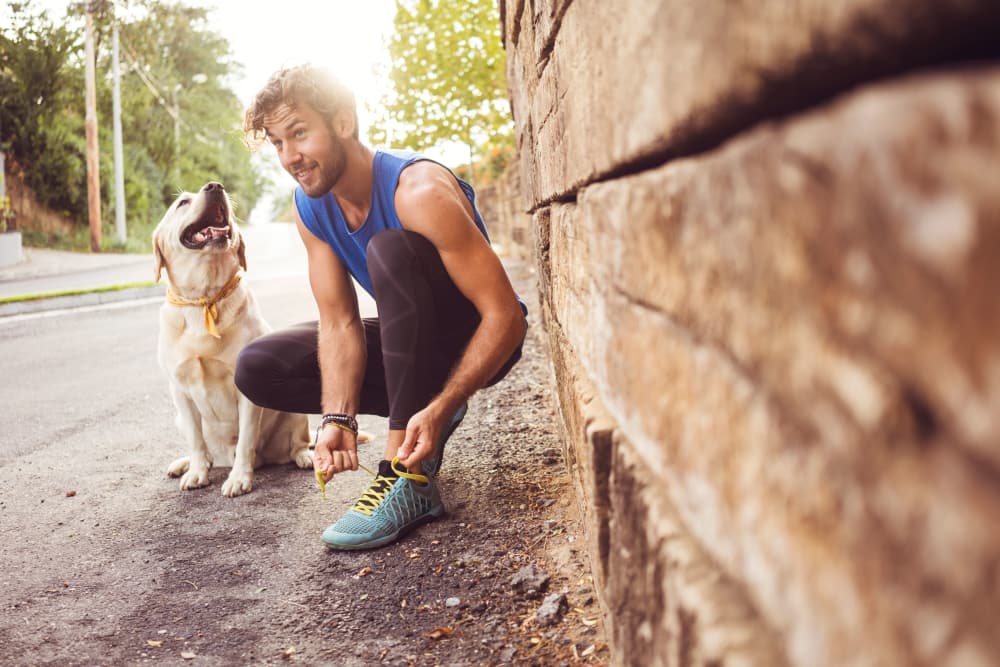 Man out for a run with his dog near Keystone Apartments in Madison, Wisconsin