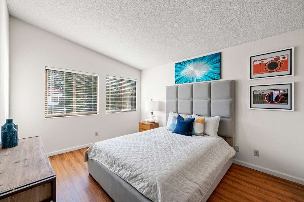 Bedroom with windows at Ardenwood Forest Rental Condominiums in Fremont, California
