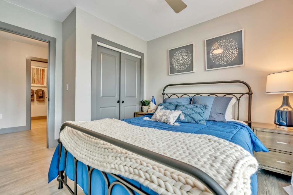 Gray closet doors with wall art at Latitude at South Portland in Portland, Maine
