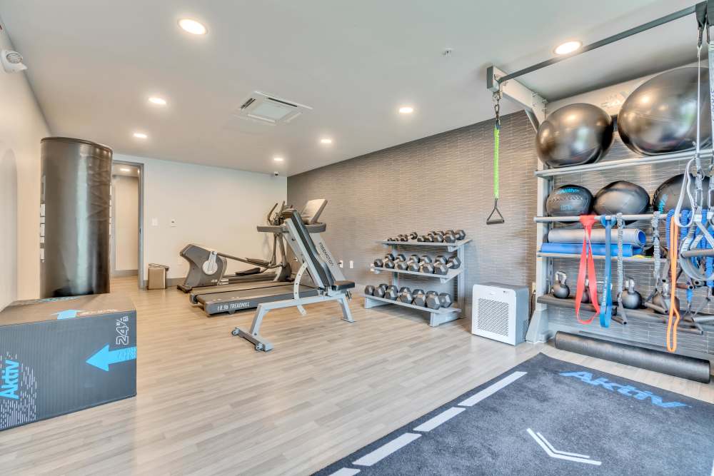 Fitness equipment and weights in a room at Latitude at South Portland in Portland, Maine