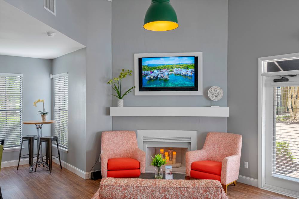 Cozy lounge area with fireplace and TV at Lake Forest in Daytona Beach, Florida