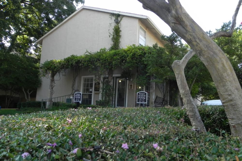 Office entrance and surrounding foliage at Highlands of Duncanville in Duncanville, Texas