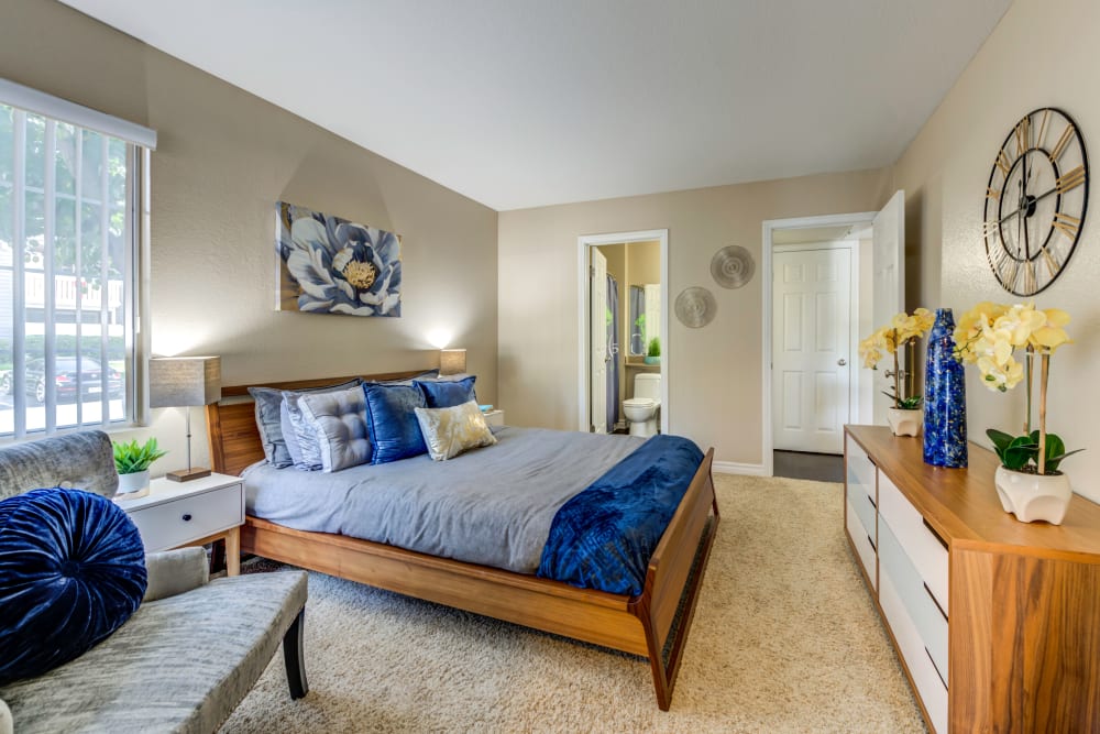 Giant master bedroom with modern decor at Village Oaks in Chino Hills, California