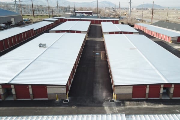 Drive-up units, viewed from the air, at Towne Storage - Vineyard in Orem, Utah