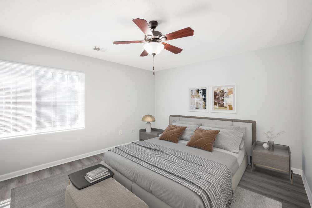 Bedroom with ceiling fan at Valley View Estates, Council Bluffs, Iowa