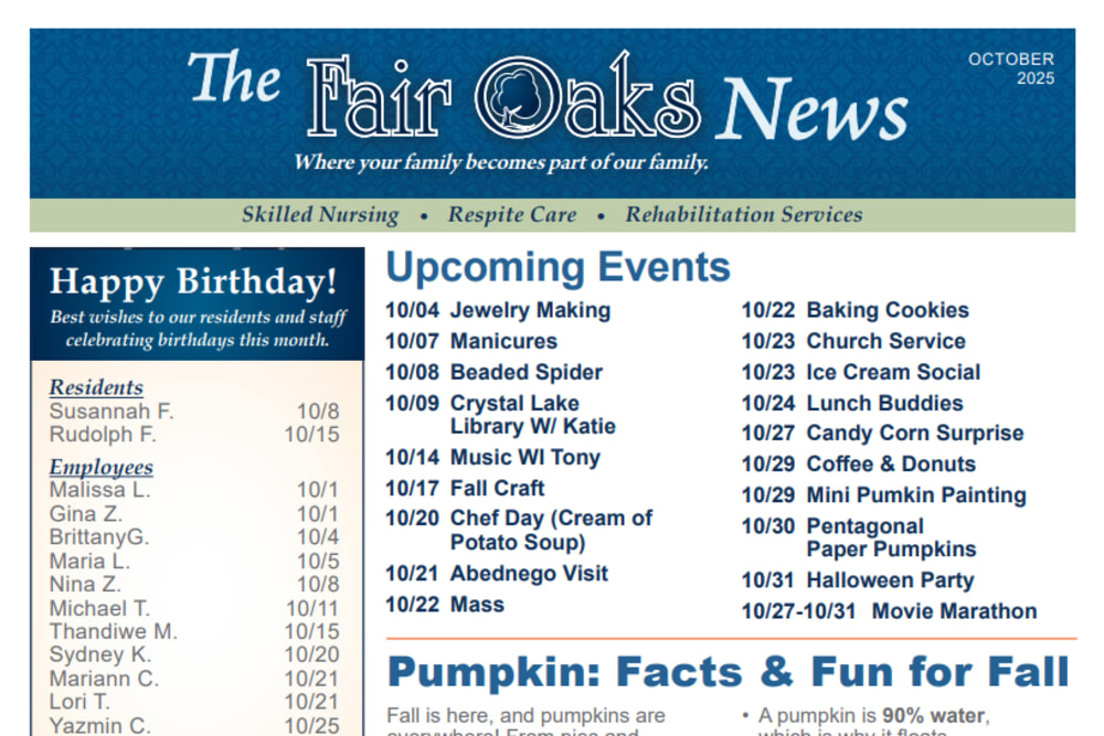 October 2025 Newsletter at Fair Oaks Health Care Center in Crystal Lake, Illinois